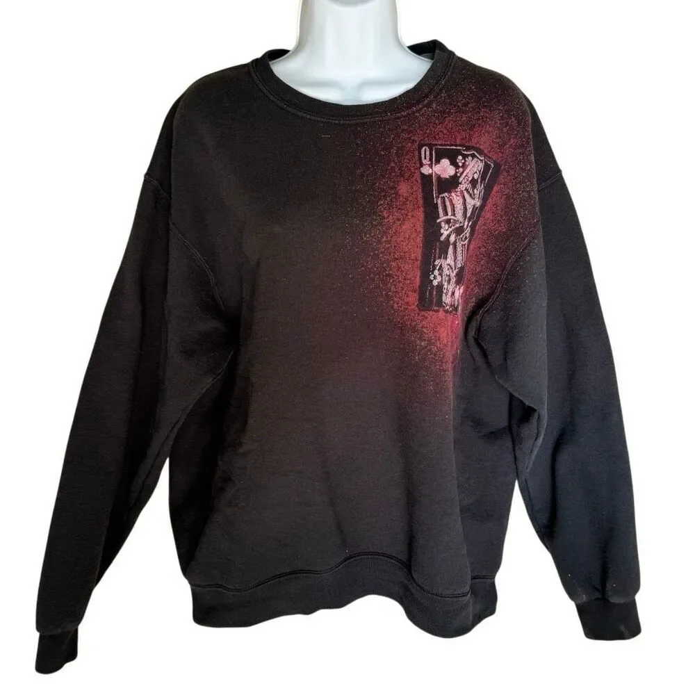 Queen of Clubs Hand-Dyed Stenciled Custom Crewneck Sweater L